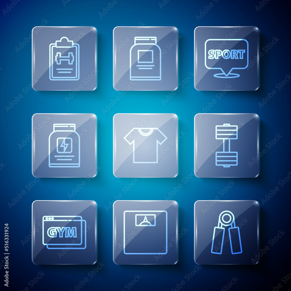 Set line Online fitness and training, Bathroom scales, Sport expander, Location gym, T-shirt, Sports nutrition, program and Dumbbell icon. Vector Set line Online fitness and training, Bathroom scales, Sport expander, Location gym, T-shirt, Sports nutrition, program and Dumbbell icon. Vector