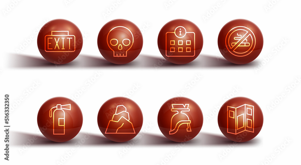Set line Exit sign, Fire extinguisher, No Smoking, Roman army helmet, Rock stones, Human skull, Museum guide brochure and Information icon. Vector Set line Exit sign, Fire extinguisher, No Smoking, Roman army helmet, Rock stones, Human skull, Museum guide brochure and Information icon. Vector
