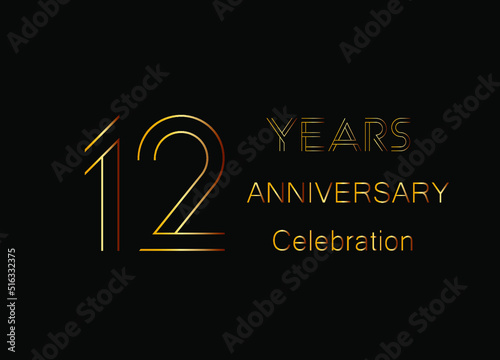 12 Years anniversary celebration. Design golden color isolated on black background for celebration event.