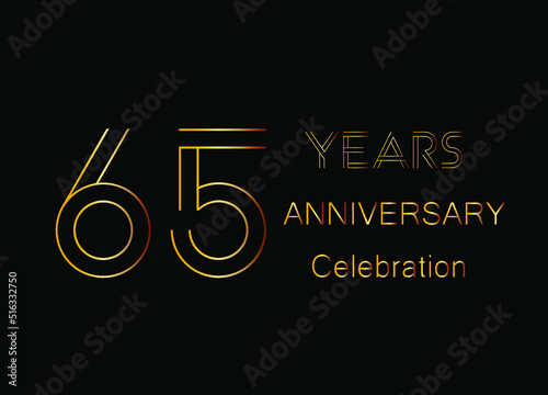 65 Years anniversary celebration. Design golden color isolated on black background for celebration event.