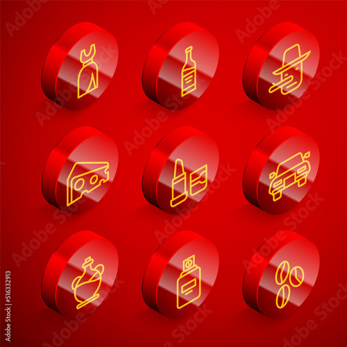 Set line Woman dress, Bottle of wine, Pinocchio, Cheese, Lipstick, Car, olive oil and Perfume icon. Vector