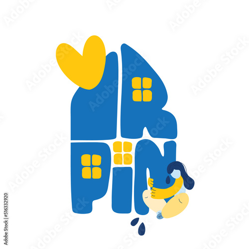 Ukrainian emigration nostalgia for Irpin. People who were forced to leave their homes. The woman cries and hugs her house. Stop War in Ukraine, homesickness