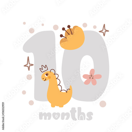 10 ten months anniversary card. Baby shower print with cute animal dino and flowers capturing all special moments. Baby milestone card for newborn girl