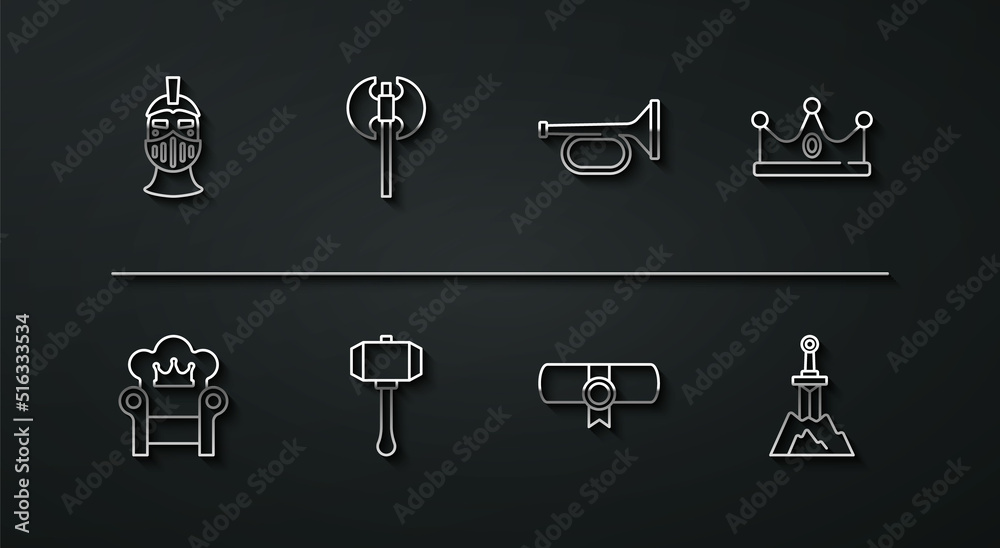 Set line Medieval iron helmet, throne, King crown, Decree, parchment, scroll, Hammer, axe, Sword the stone and Trumpet icon. Vector Set line Medieval iron helmet, throne, King crown, Decree, parchment, scroll, Hammer, axe, Sword the stone and Trumpet icon. Vector