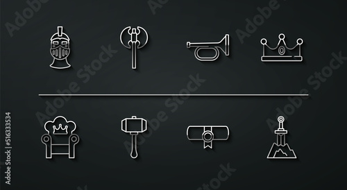 Set line Medieval iron helmet, throne, King crown, Decree, parchment, scroll, Hammer, axe, Sword the stone and Trumpet icon. Vector