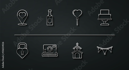 Set line Location with heart, Castle in the shape of, Wedding cake, Church building, Photo camera, Champagne bottle, Carnival garland flags and Balloons form icon. Vector