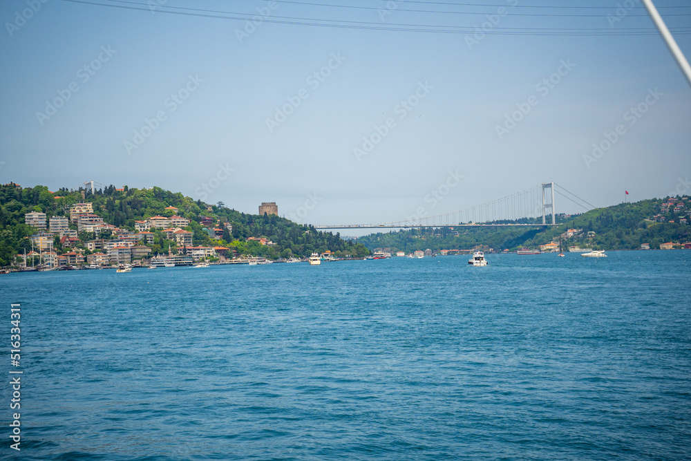 Rumeli Hisari castle, the Bosphorus and the Fatih Sultan Mehmet Bridge, Istanbul, Turkey