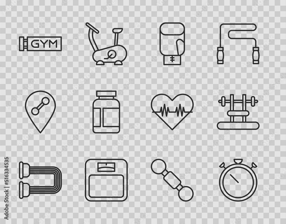 Set line Chest expander, Stopwatch, Boxing glove, Bathroom scales, Location gym, Sports nutrition, Dumbbell and Bench with barbel icon. Vector Set line Chest expander, Stopwatch, Boxing glove, Bathroom scales, Location gym, Sports nutrition, Dumbbell and Bench with barbel icon. Vector