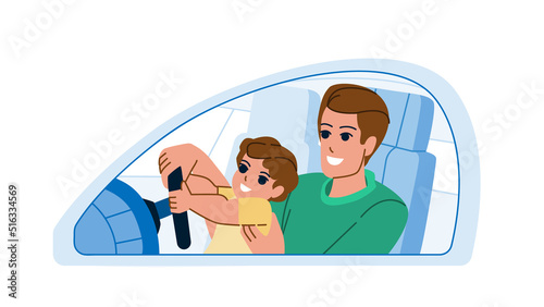 father son drive vector. dad kid car, boy vehicle, happy trip instructor father son drive character. people flat cartoon illustration