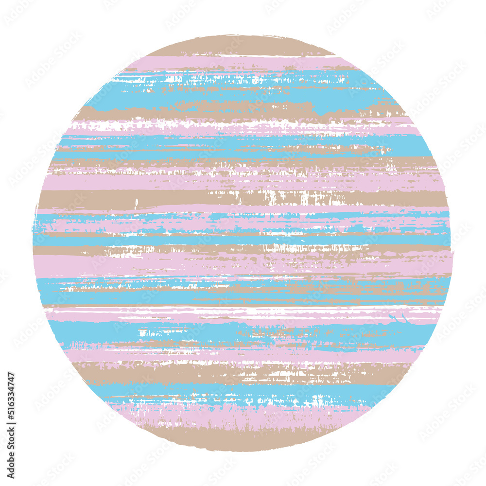 Abrupt circle vector geometric shape with striped texture of paint horizontal lines. Old paint texture disc. Label round shape logotype circle with grunge background of stripes.
