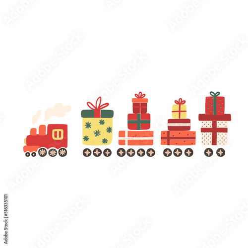 Cute retro locomotive engine, the steam train delivers gift boxes with bows and ribbons. Christmas vintage illustration