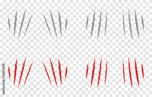 Vector scratches from the claws of the animal PNG. Set of various scratches on an isolated transparent background. Gray and red scratches PNG. Animal claws.