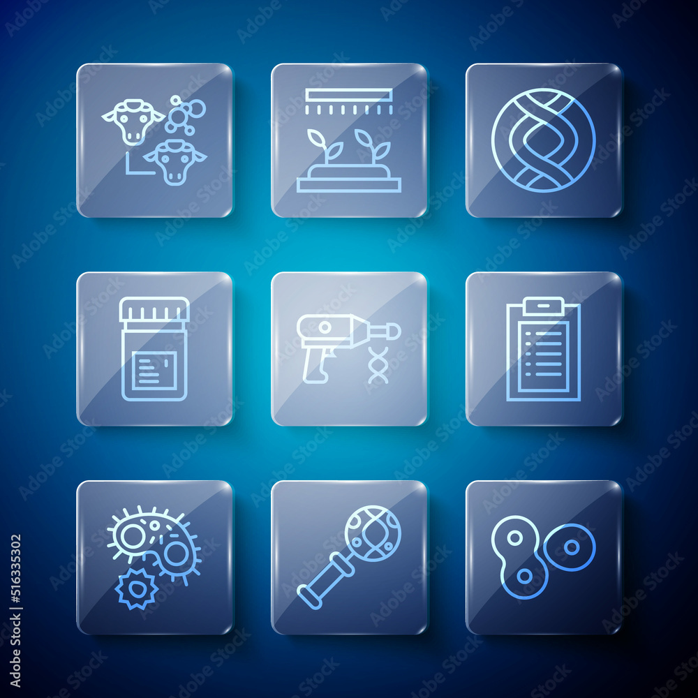 Set line Virus, DNA research, search, Cell division, symbol, Transfer liquid gun, Jar with additives, Cloning and Clinical record icon. Vector Set line Virus, DNA research, search, Cell division, symbol, Transfer liquid gun, Jar with additives, Cloning and Clinical record icon. Vector