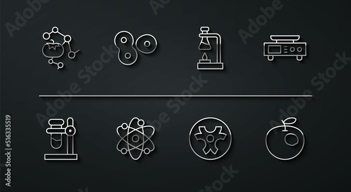 Set line Genetically modified food, Test tube flask on stand, Electronic scales, Biohazard symbol, Atom, Cell division, apple and fire icon. Vector
