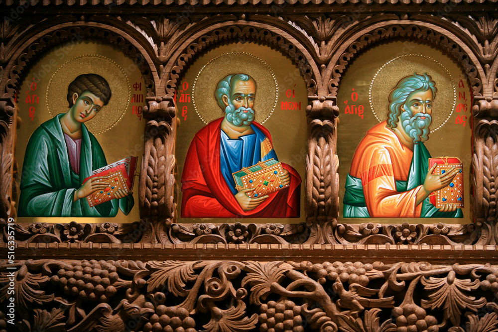 Fototapeta premium Icons on church iconostasis at Aghiou Pavlou monastery on Mount Athos