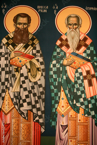 Greek orthodox icon depicting Saint Vissarion and Saint Epiphanos photo