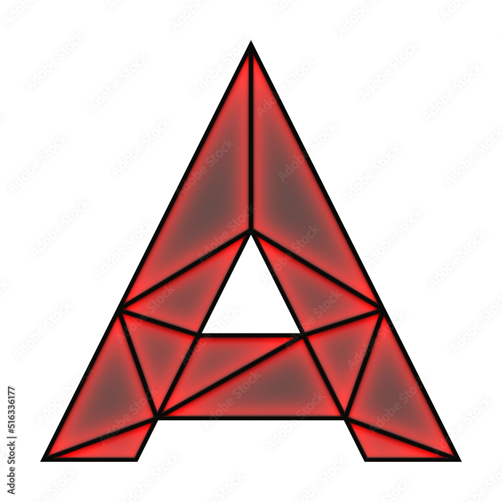 Fototapeta premium Letter A made of black metallic frame with frosted glass and red light inside, isolated on white, 3d rendering