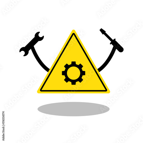 Illustration of warning triangle repair sign with wrench and screwdriver. cartoon repair sign.