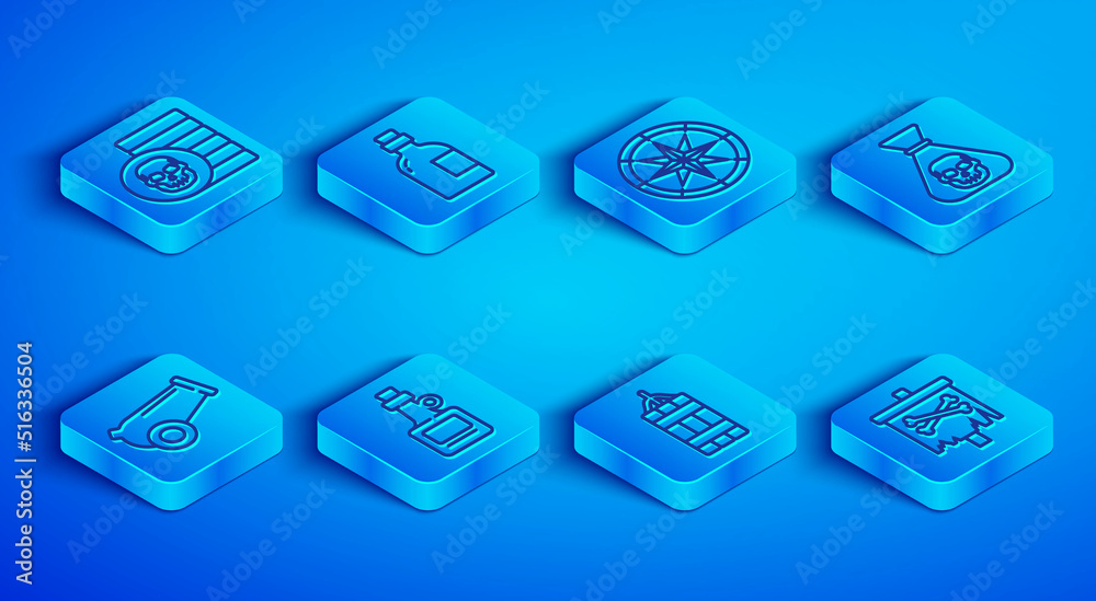 Set line Pirate coin, Alcohol drink Rum, Compass, Dynamite bomb, Cannon and flag icon. Vector Set line Pirate coin, Alcohol drink Rum, Compass, Dynamite bomb, Cannon and flag icon. Vector