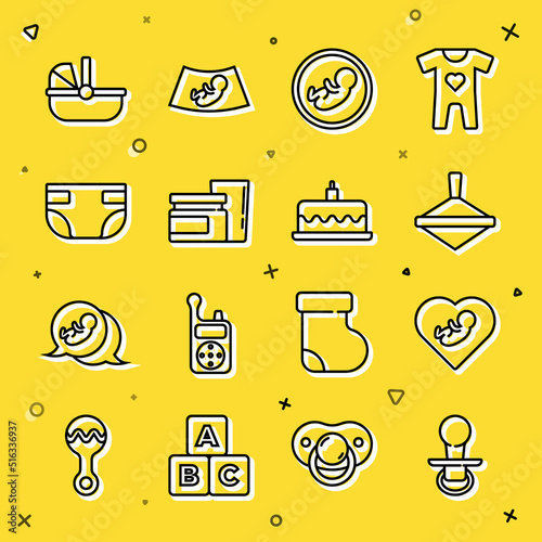 Set line Baby dummy pacifier, inside heart, Whirligig toy, food, absorbent diaper, stroller and Cake with burning candles icon. Vector