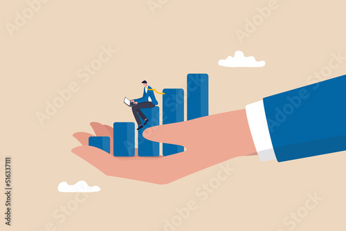 Business growth or improvement, growing career or financial earning chart, investment profit, income or rising revenue concept, smart businessman working with computer on growth graph in giant hand.