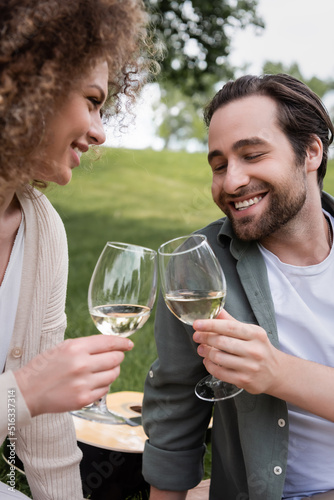 happy young couple clinking glasses of wine during picnic.
