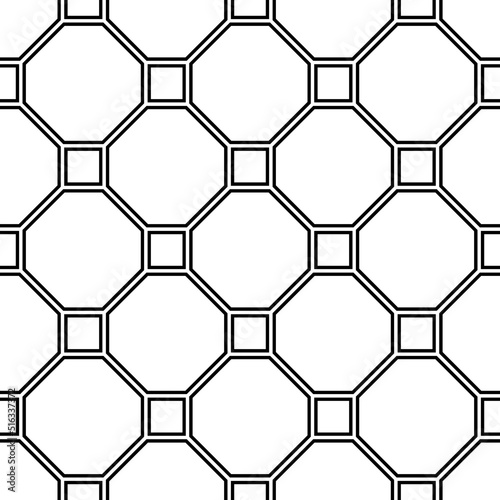Repeated black figures on white background. Geometric wallpaper. Seamless surface pattern design with regular octagons and squares. Diamonds motif. Digital paper for textile print. Vector art
