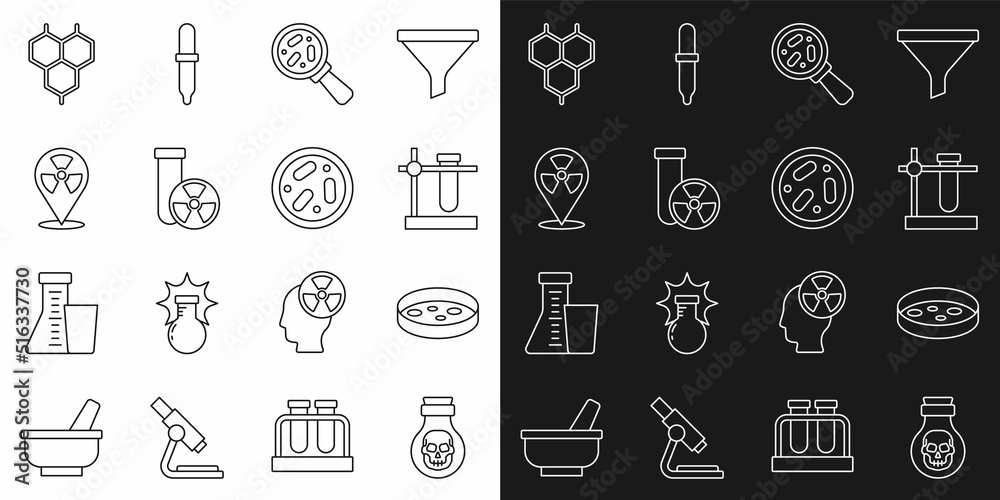 Set line Poison in bottle, Petri dish with bacteria, Test tube flask stand, Microorganisms under magnifier, radiation, Radioactive location, Chemical formula and icon. Vector Set line Poison in bottle, Petri dish with bacteria, Test tube flask stand, Microorganisms under magnifier, radiation, Radioactive location, Chemical formula and icon. Vector