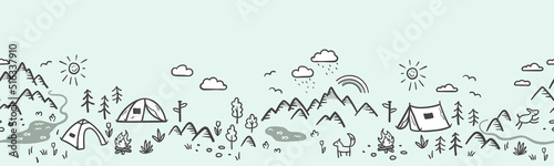 Fotografia Cute hand drawn vector seamless pattern with camping doodles, tents, landscape a