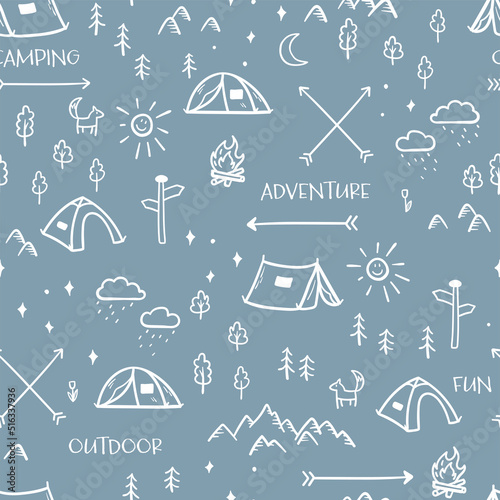 Cute hand drawn vector seamless pattern with camping doodles, tents, landscape and trails, great for textiles, banners, wallpapers-