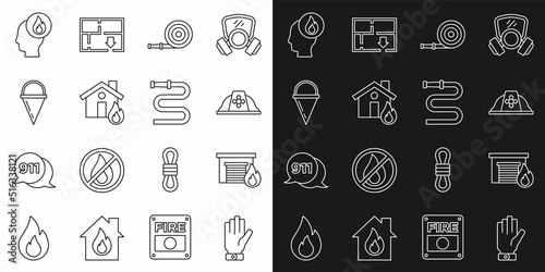 Set line Firefighter gloves, in burning garage, helmet, hose reel, house, cone bucket, and icon. Vector