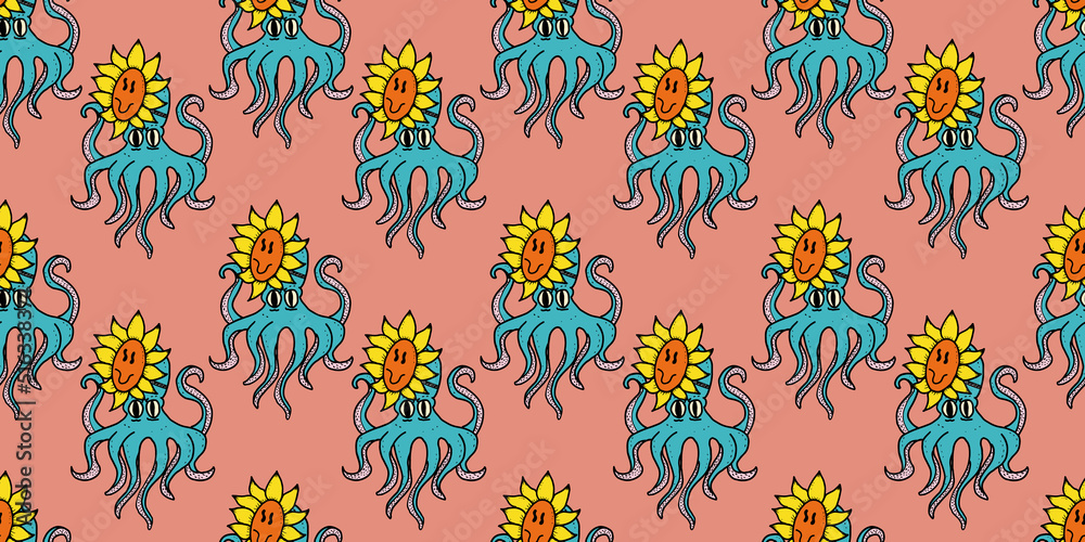 octopus seamless pattern vector design with squid sunflower cartoon doodle repeat wallpaper tile background illustration design isolated