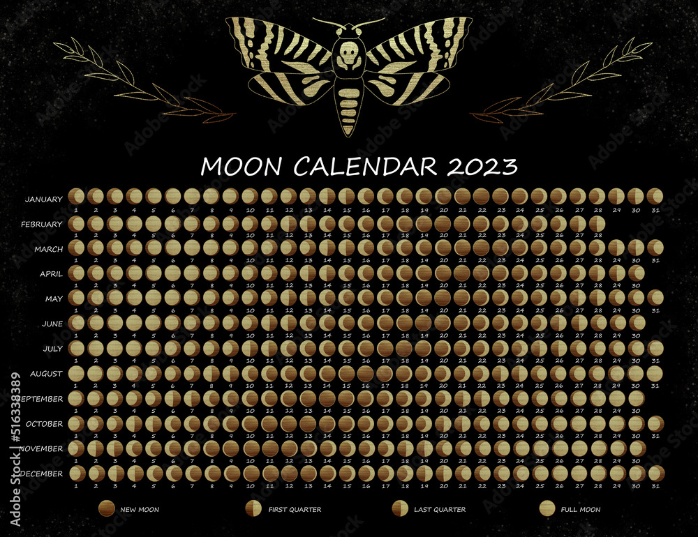 Stockillustratie Lunar calendar 2023. Moon phases calendar for 2023
