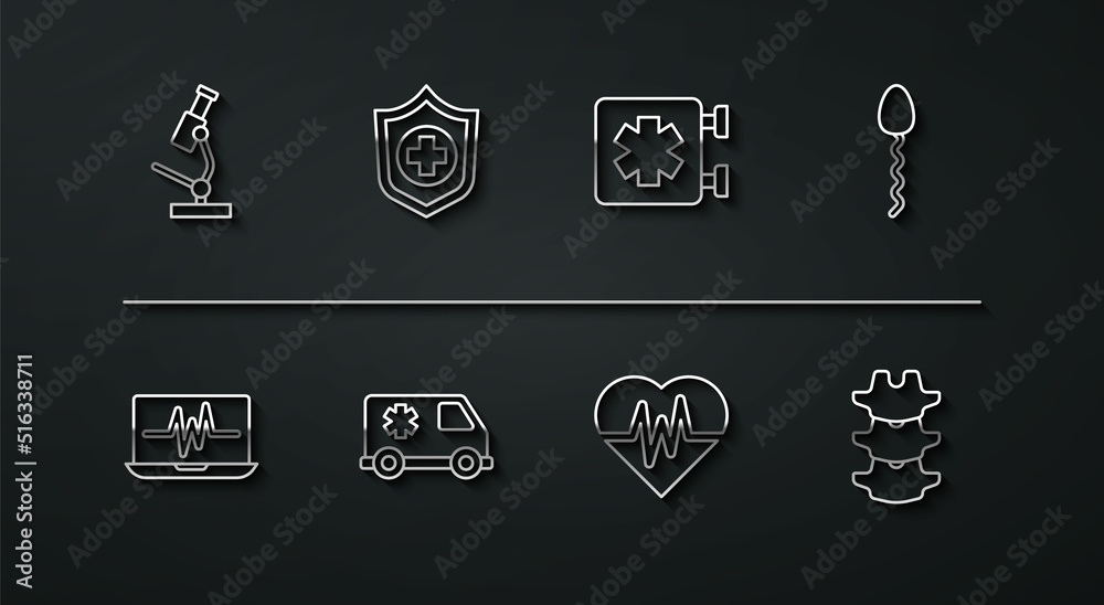 Set line Microscope, Laptop with cardiogram, Sperm, Heart rate, Emergency, Life insurance in hand, Human spine and Medical symbol of the icon. Vector Set line Microscope, Laptop with cardiogram, Sperm, Heart rate, Emergency, Life insurance in hand, Human spine and Medical symbol of the icon. Vector