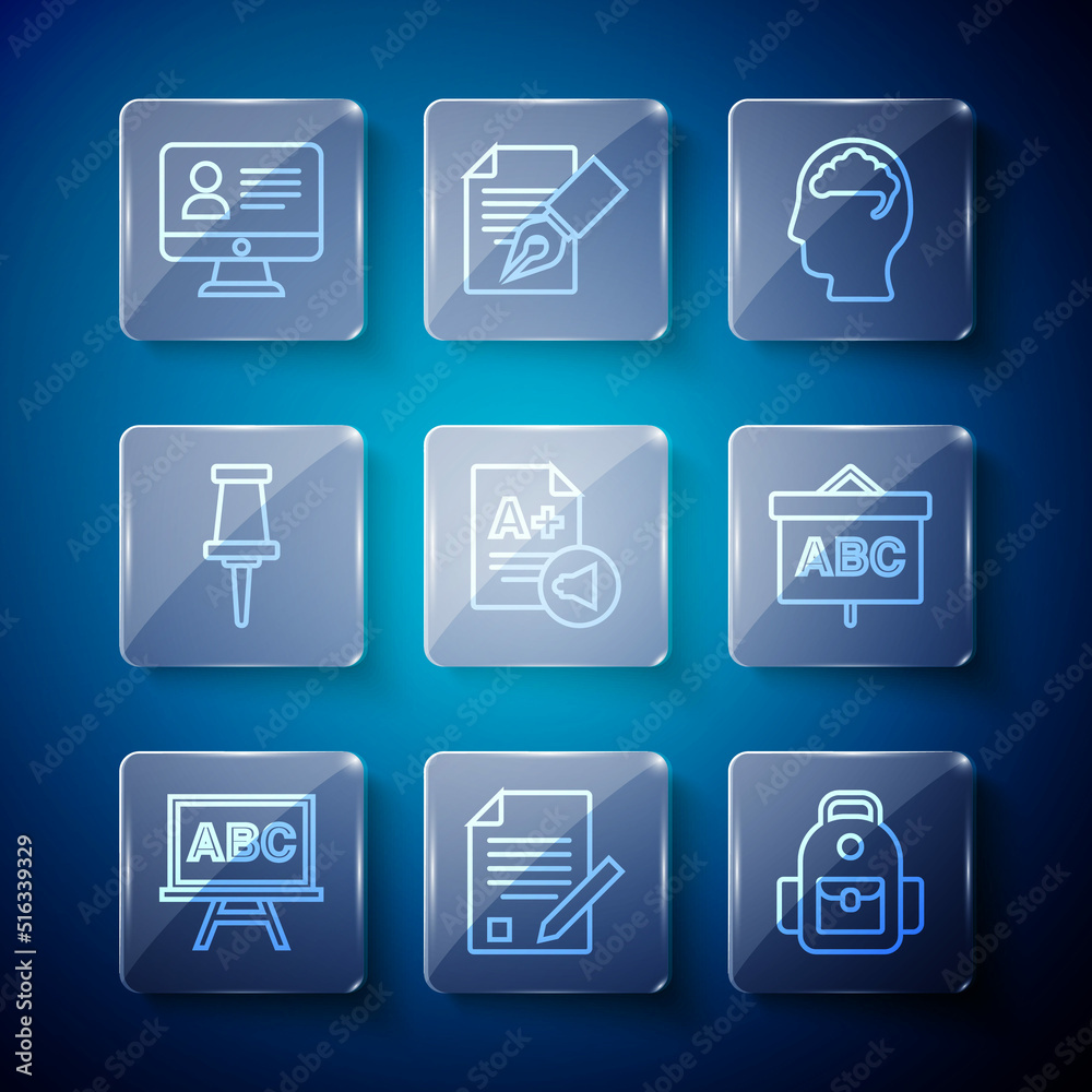 Set line Chalkboard, Exam sheet and pencil, School backpack, Human brain, with A plus grade, Push pin, Online class and icon. Vector Set line Chalkboard, Exam sheet and pencil, School backpack, Human brain, with A plus grade, Push pin, Online class and icon. Vector