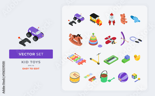 various cute children's toys for little boys and girls isometric vector isolated set