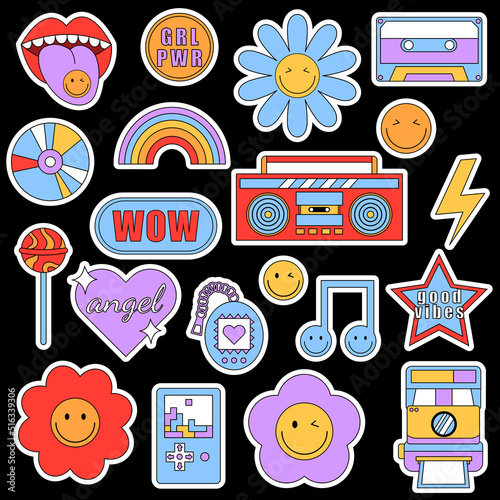 Set of trendy retro stickers with smile faces and 90s elements patches on a black background. Funky, hipster retrowave stickers in geometric shapes. Vector illustration of 70s groove elements.