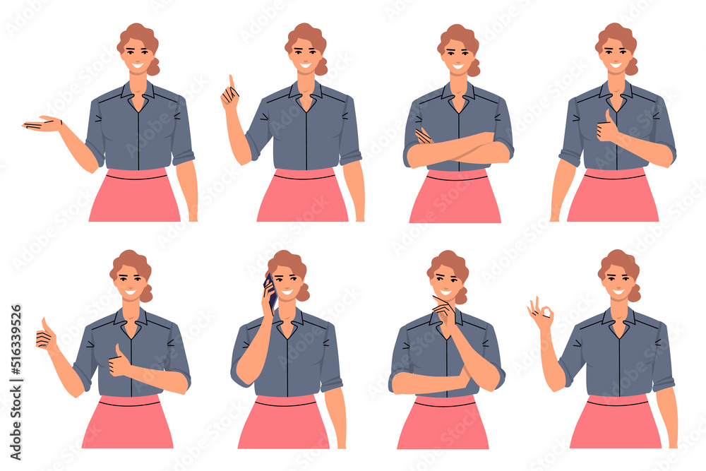 Set of business women in different poses and with different gestures. Young woman talking on the phone, presenting, thinking, thumb up, gesturing approx. Office worker, leader isolated. Flat vector. Set of business women in different poses and with different gestures. Young woman talking on the phone, presenting, thinking, thumb up, gesturing approx. Office worker, leader isolated. Flat vector.