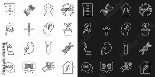 Set line Eco friendly house  DNA symbol  Plant in pot  Chemical explosion  Wind turbine  Leaf or leaves  Laboratory glassware beaker and Human head with leaf inside icon. Vector