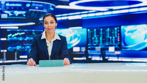 Obraz na plátně On Air TV Live News Program with Professional Female Presenter Reporting Event of the Day