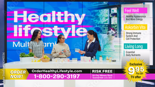 TV Show Infomercial: Female Host, Expert, Doctor Talk Present Mock-up Beauty Products Boxes, Health Care Supplements, Cosmetics. Playback Television Commercial Advertisement Program on Cable Channel