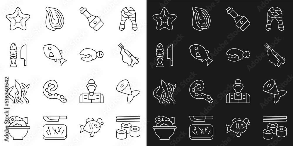 Set line Sushi, Fish tail, Fishing harpoon, Soy sauce bottle, Tropical fish, with sliced pieces, Starfish and Lobster or crab claw icon. Vector Set line Sushi, Fish tail, Fishing harpoon, Soy sauce bottle, Tropical fish, with sliced pieces, Starfish and Lobster or crab claw icon. Vector