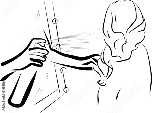 The make-up artist applies perfect fixation hairspray. Beauty Salon Style Concept Template Illustration. Fictional story and character. cartoon art