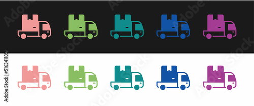 Set Delivery cargo truck vehicle icon isolated on black and white background. Vector