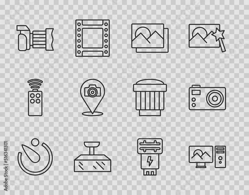 Set line Camera timer, Photo retouching, frame, Softbox light, camera, flash and icon. Vector