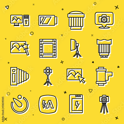 Set line Photo camera, Camera roll cartridge, photo lens, retouching, and Softbox light icon. Vector