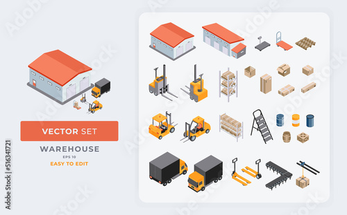 vector set of warehouse logistics delivery isometric elements transport vehicles and stock packages. Color Editable Eps 10.