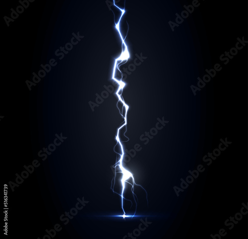 Thunderbolt vector illustration. Blue lightning strike on dark background. Vertical lightning, realistic thunderstorm . Nature, spring rainy weather