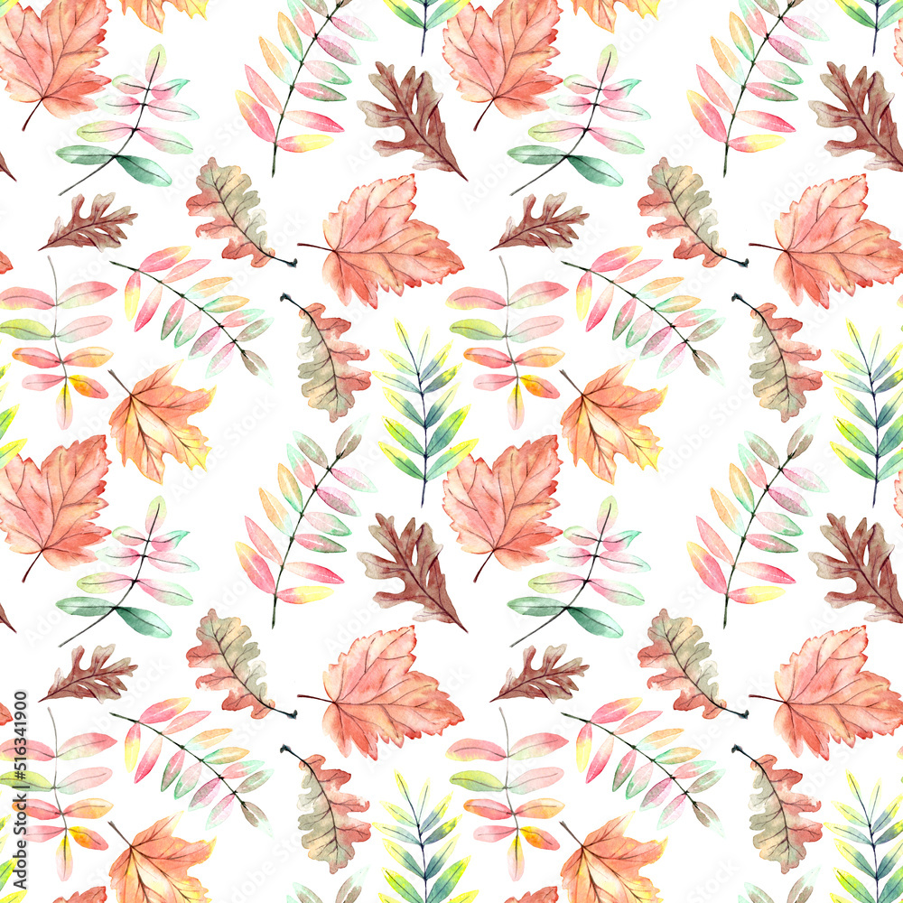 Watercolor autumn seamless pattern with yellow and orange falling leaves. Autumn leaves wallpaper