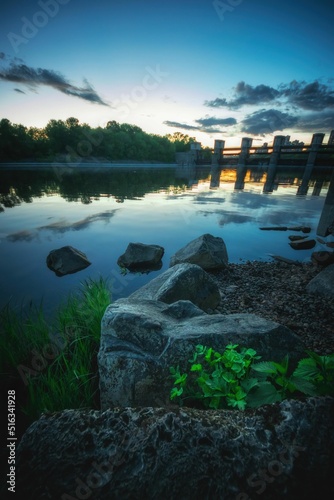 Blue hour, twilight at the Karamyshevskaya dam, Khoroshevo-Mnevniki district, Moscow, Russia photo